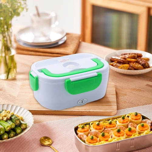 Green portable heated lunch box - stainless steel liner Self-heating food warmer with leak-proof lid, which can heat and preserve rice, suitable for