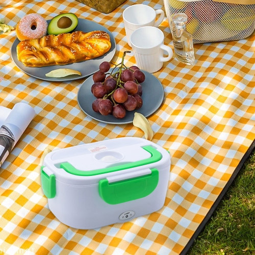 Green portable heated lunch box - stainless steel liner Self-heating food warmer with leak-proof lid, which can heat and preserve rice, suitable for