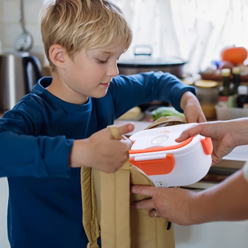 Orange portable heated lunch box - stainless steel liner Self-heating food warmer with leak-proof lid, which can heat and preserve rice, suitable for