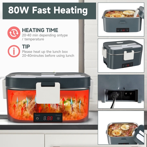 80w portable electric lunch box - 304 stainless steel, 1.8L large capacity lunch box, 12V/110V dual power supply, fast heating, suitable for