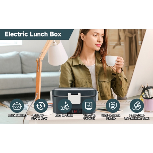 80w portable electric lunch box - 304 stainless steel, 1.8L large capacity lunch box, 12V/110V dual power supply, fast heating, suitable for