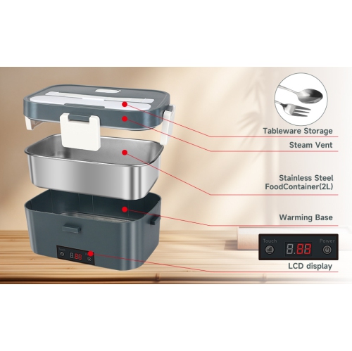 80w portable electric lunch box - 304 stainless steel, 1.8L large capacity lunch box, 12V/110V dual power supply, fast heating, suitable for