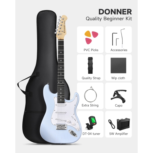 Ensemble pour débutant avec guitare électrique DST-80 de Donner avec ampli bleu