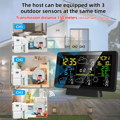 Weather Station Wireless Indoor and Outdoor Thermometer, Color Display, Digital Weather Thermometer with Temperature and Humidity Monitoring, Alarm