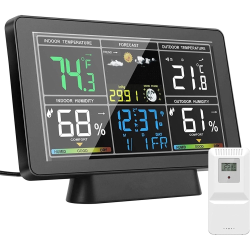 Weather Station Wireless Indoor and Outdoor Thermometer, Color Display, Digital Weather Thermometer with Temperature and Humidity Monitoring, Alarm