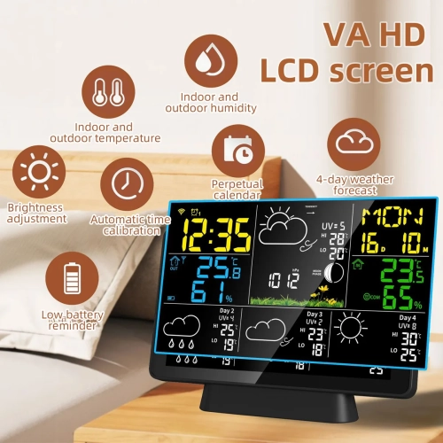 Weather Station Wireless Indoor and Outdoor Thermometer, Color Display, Digital Weather Thermometer with Temperature and Humidity Monitoring, Alarm