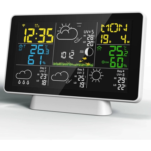 Weather Station Wireless Indoor and Outdoor Thermometer, Color Display, Digital Weather Thermometer with Temperature and Humidity Monitoring, Alarm