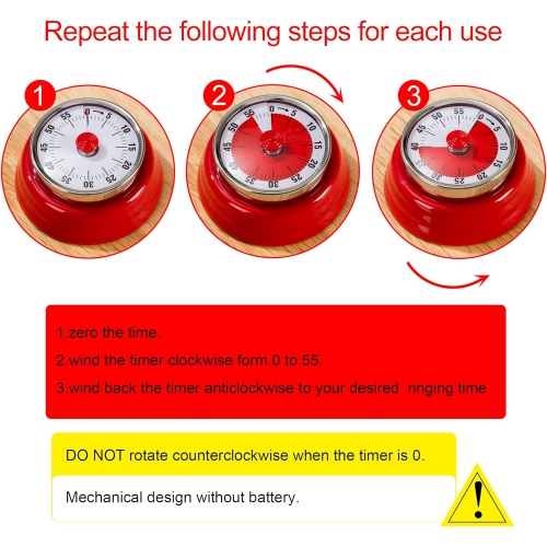 Mechanical timer, easy to read vintage cooking timer with magnetic back and loud bell, no batteries required, mechanical countdown timer for cooking