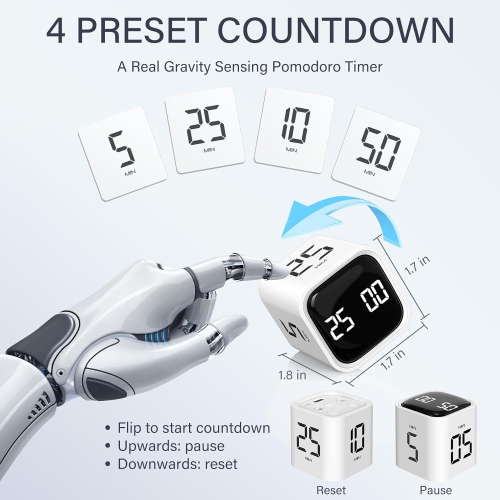 Gravity sensor timer, visual kitchen timer, electronic countdown timer, student time reminder - white