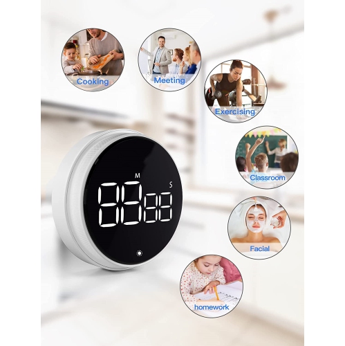 Rotating timer, large screen LED LCD electronic timer reminder alarm clock, countdown timer for learning kitchen baking - white