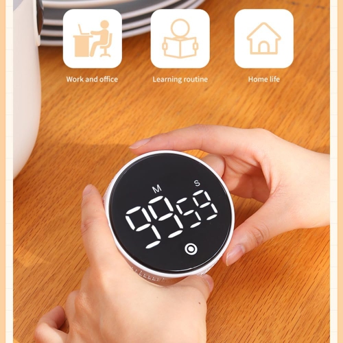 Rotating timer, large screen LED LCD electronic timer reminder alarm clock, countdown timer for learning kitchen baking - black
