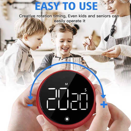 Minuterie rotative, grand écran, alarme de rappel de minuterie électronique LCD de LED, minuterie à rebours pour apprendre à cuisiner - rouge