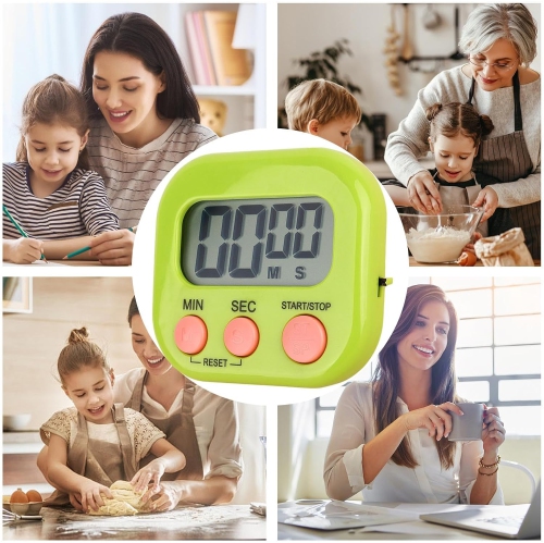 Children's timer, kitchen digital timer, magnetic back, bell, cooking rack - green