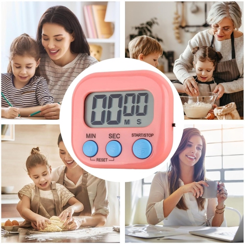 Children's timer, kitchen digital timer, magnetic back, bell, cooking rack - pink