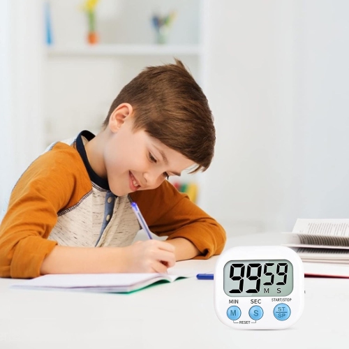 Children's timer, kitchen digital timer, magnetic back, bell, cooking rack - white