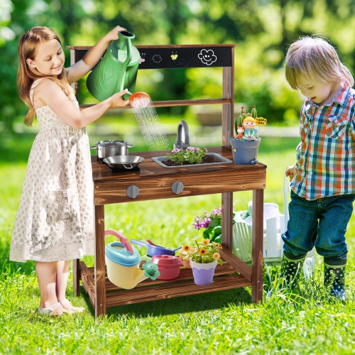 Costway Kids Mud Kitchen Play Kitchen with Blackboard, Stoves, Removable Sink Natural