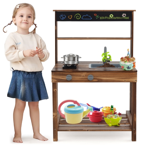 Costway Kids Mud Kitchen Play Kitchen with Blackboard, Stoves, Removable Sink Natural