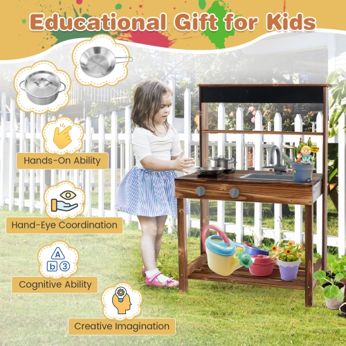 Costway Kids Mud Kitchen Play Kitchen with Blackboard, Stoves, Removable Sink Natural