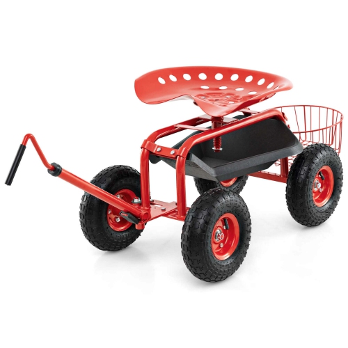 Costway Garden Cart Rolling Work Seat Wagon Scooter for Planting with Extendable Handle Blue/Red/Green