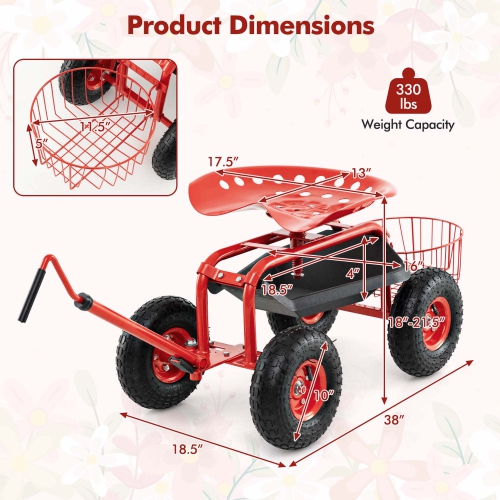 Costway Garden Cart Rolling Work Seat Wagon Scooter for Planting with Extendable Handle Blue/Red/Green