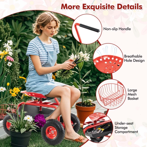 Costway Garden Cart Rolling Work Seat Wagon Scooter for Planting with Extendable Handle Blue/Red/Green