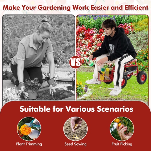 Costway Garden Cart Rolling Work Seat Wagon Scooter for Planting with Extendable Handle Blue/Red/Green