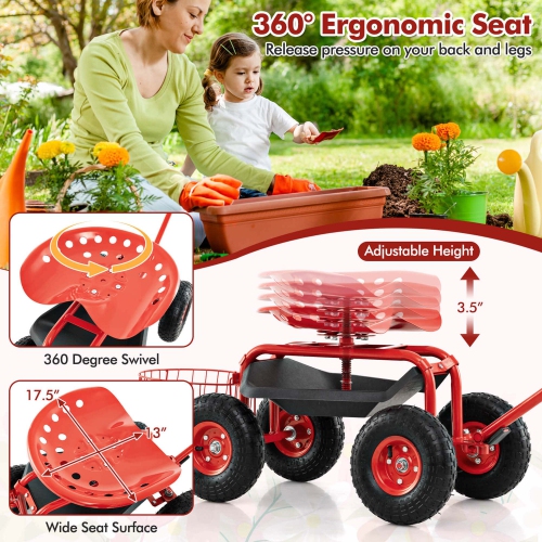 Costway Garden Cart Rolling Work Seat Wagon Scooter for Planting with Extendable Handle Blue/Red/Green