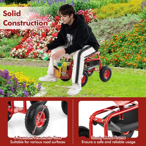 Costway Garden Cart Rolling Work Seat Wagon Scooter for Planting with Extendable Handle Blue/Red/Green