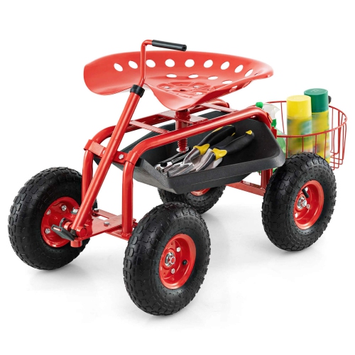 Costway Garden Cart Rolling Work Seat Wagon Scooter for Planting with Extendable Handle Blue/Red/Green
