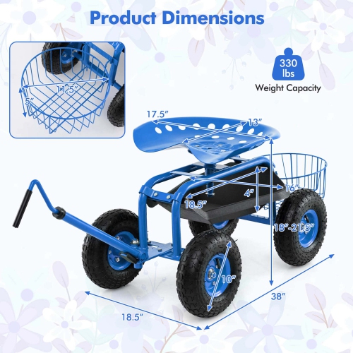 Costway Garden Cart Rolling Work Seat Wagon Scooter for Planting with Extendable Handle Blue/Red/Green