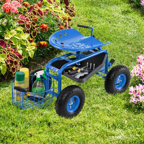 Costway Garden Cart Rolling Work Seat Wagon Scooter for Planting with Extendable Handle Blue/Red/Green