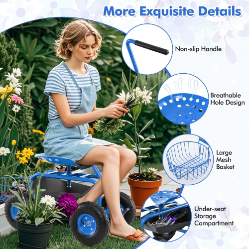 Costway Garden Cart Rolling Work Seat Wagon Scooter for Planting with Extendable Handle Blue/Red/Green