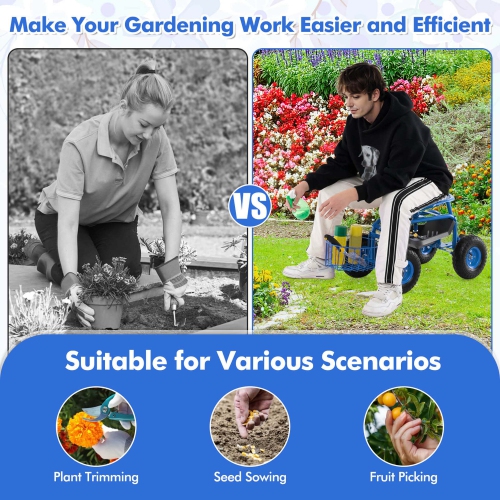 Costway Garden Cart Rolling Work Seat Wagon Scooter for Planting with Extendable Handle Blue/Red/Green