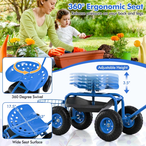 Costway Garden Cart Rolling Work Seat Wagon Scooter for Planting with Extendable Handle Blue/Red/Green