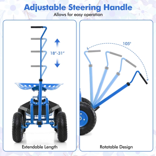 Costway Garden Cart Rolling Work Seat Wagon Scooter for Planting with Extendable Handle Blue/Red/Green