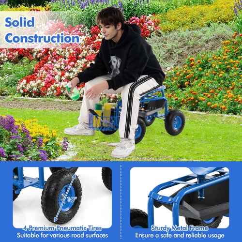 Costway Garden Cart Rolling Work Seat Wagon Scooter for Planting with Extendable Handle Blue/Red/Green