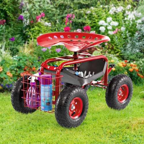 Costway Garden Cart Patio Wagon Rolling Work Seat with Tool Tray Basket Planting Blue/Red/Green