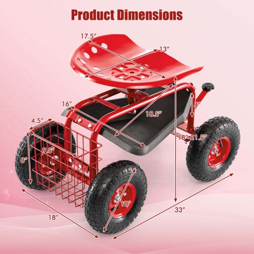 Costway Garden Cart Patio Wagon Rolling Work Seat with Tool Tray Basket Planting Blue/Red/Green