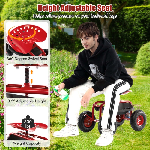 Costway Garden Cart Patio Wagon Rolling Work Seat with Tool Tray Basket Planting Blue/Red/Green