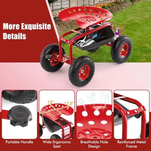 Costway Garden Cart Patio Wagon Rolling Work Seat with Tool Tray Basket Planting Blue/Red/Green