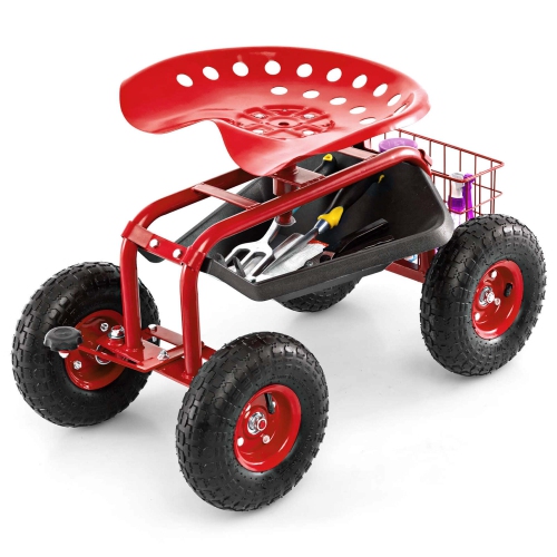 Costway Garden Cart Patio Wagon Rolling Work Seat with Tool Tray Basket Planting Blue/Red/Green