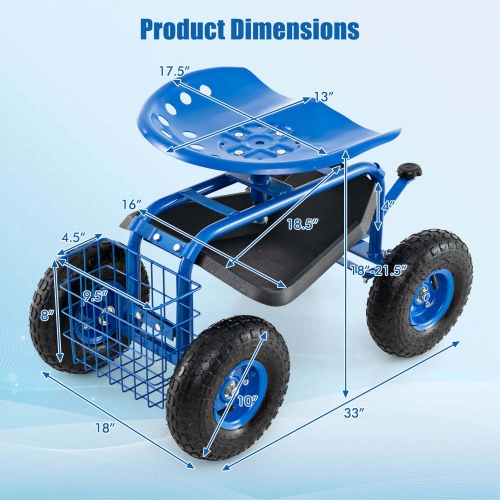 Costway Garden Cart Patio Wagon Rolling Work Seat with Tool Tray Basket Planting Blue/Red/Green