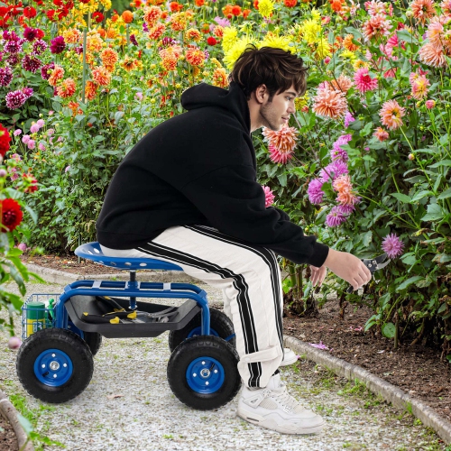 Costway Garden Cart Patio Wagon Rolling Work Seat with Tool Tray Basket Planting Blue/Red/Green
