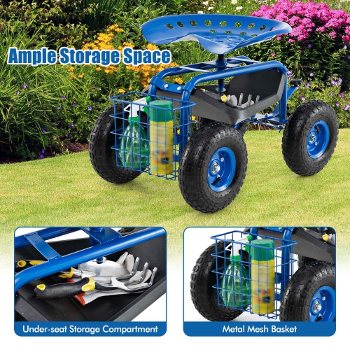 Costway Garden Cart Patio Wagon Rolling Work Seat with Tool Tray Basket Planting Blue/Red/Green