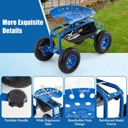 Costway Garden Cart Patio Wagon Rolling Work Seat with Tool Tray Basket Planting Blue/Red/Green