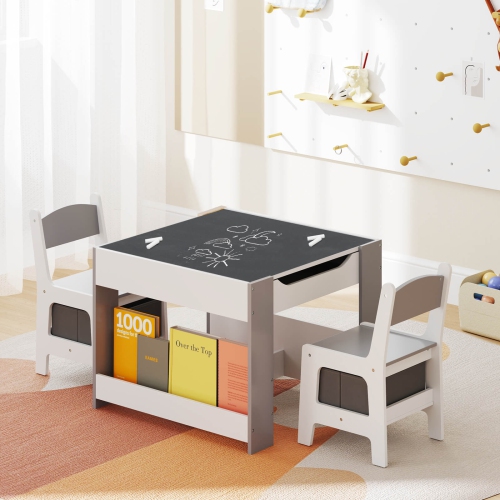 Costway 4-in-1 Kids Table & Chair Set Toddler Wooden Activity Table with Side Bookshelves Beige/Gray