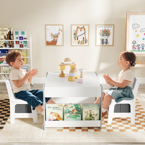 Costway 4-in-1 Kids Table & Chair Set Toddler Wooden Activity Table with Side Bookshelves Beige/Gray