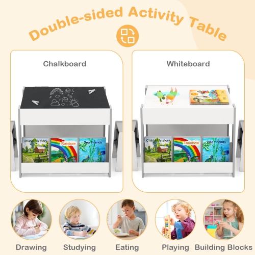 Costway 4-in-1 Kids Table & Chair Set Toddler Wooden Activity Table with Side Bookshelves Beige/Gray