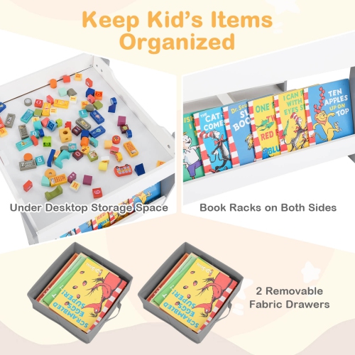 Costway 4-in-1 Kids Table & Chair Set Toddler Wooden Activity Table with Side Bookshelves Beige/Gray