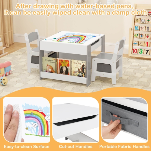 Costway 4-in-1 Kids Table & Chair Set Toddler Wooden Activity Table with Side Bookshelves Beige/Gray